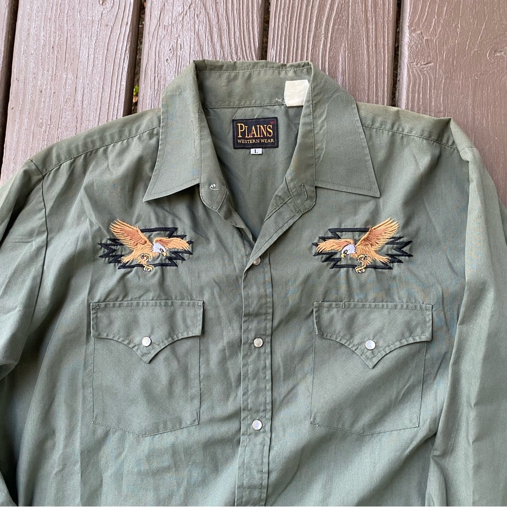Plains Western Pearl Snap Button Down Shirt Men’s Large Eagle Vintage